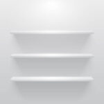 Shelf with light and shadow in empty white room.