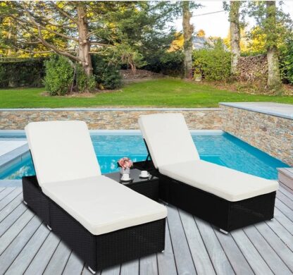 Black 2 Wicker Outdoor Patio Lounger with White Cushions and Table