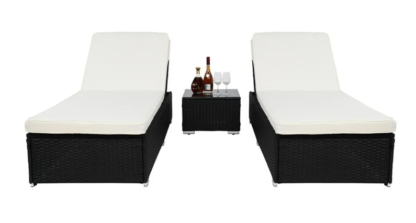 Black 2 Wicker Outdoor Patio Lounger with White Cushions and Table - Image 2