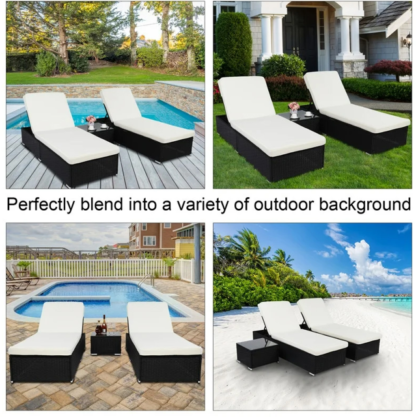 Black 2 Wicker Outdoor Patio Lounger with White Cushions and Table - Image 4