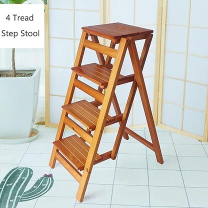 Foldable 4 Tread Wooden Stepstool Ladder - Image 3